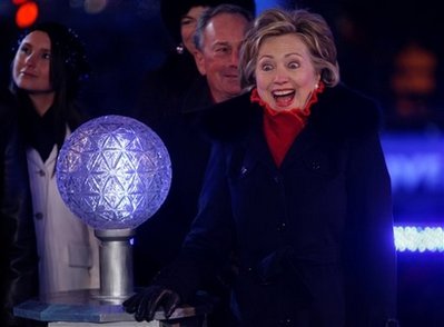 Sen. Hillary Clinton, D-N.Y., greets someone in the crowd at Times Square before she help to start the New Year's ball drop in New York, Wednesday, Dec. 31, 2008. 