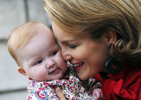 Belgium's Princess Mathilde holds her daughter, Princess Eleonore, in Brussels in this photo released by the Royal Palace. Picture taken on October 19, 2008. 