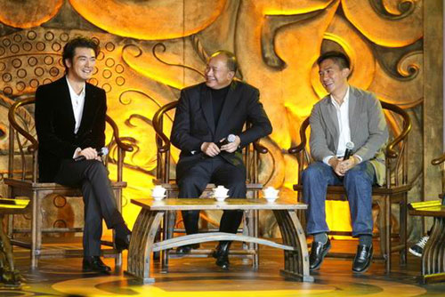 (L-R) Takeshi Kaneshiro, John Woo and Tony Leung promote their new film 'Red Cliff II' at its premiere in Beijing on January 4, 2009. 
