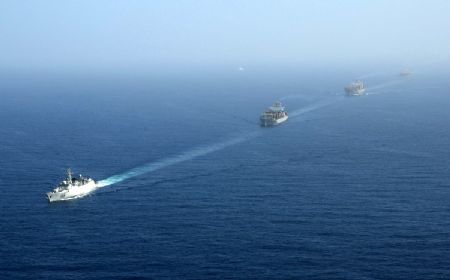 ship of China Ocean Shipping Group Company (COSCO) sails in the Gulf of Aden under the escort of a Chinese naval fleet (not seen in the picture) Jan. 6, 2009. 