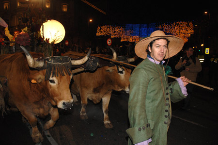 A man takes part in the traditional Epiphany parade with his cattles in Madrid, Spain, on Jan. 5, 2009. The annual Epiphany parade was held on Monday night. Traditionally, children in Spain get their Christmas presents from their parents on Jan. 6, the day when the 'Three Wise Men' visited the baby Jesus.[Chen Haitong/Xinhua]