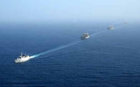 A ship of China Ocean Shipping Group Company (COSCO) sails in the Gulf of Aden under the escort of a Chinese naval fleet (not seen in the picture) Jan. 6, 2009. The Chinese naval fleet arrived Tuesday in the waters of the Gulf of Aden off Somalia to carry out the first escort mission against pirates. Four Chinese ships, including one from China's Hong Kong Special Administrative Region, were escorted by the fleet.