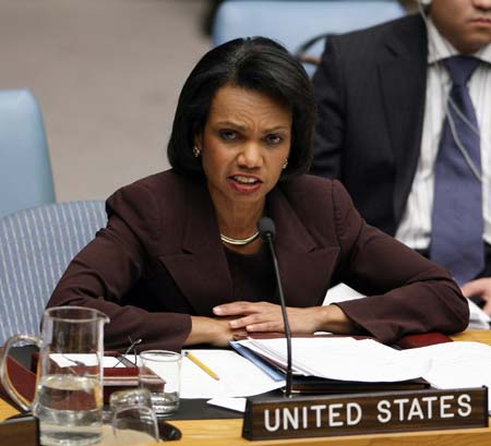  United States Secretary of State Condoleezza Rice, addresses the Security Council during the meeting on Gaza crisis at the UN headquarters in New York, the United States, Jan. 6, 2009.