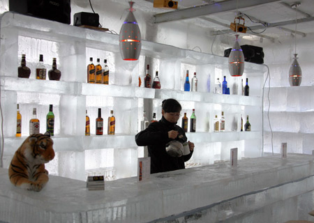 A girl works at an ice bar in Harbin, capital city of northeast China's Heilongjiang Province, Jan. 6, 2009. The counter, desks and chairs in the ice bar consumed some 700 cubic meters of ice and are decorated with local traditions and styles. [Photo: Xinhua] 