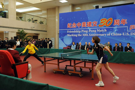Chinese former ping-pong world champion Qi Baoxiang (L) plays with Judy Hoarfrost (R), a member of the U.S. ping-pong team visiting China in 1971, during the Friendship Ping-pong Match marking the 30th anniversary of the establishment of the China-U.S. diplomatic relations at the State General Administration of Sport in Beijing, capital of China, Jan. 7, 2009. [Rao Aimin/Xinhua] 