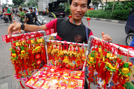 A peddler displays decorations at the Chinatown in Jakarta, captial of Indonesia, on Jan. 8, 2009. As the traditional Chinese Spring Festival is coming, red lanterns, mascots and various decorations come into market in Jakarta. [Yue Yuewei/Xinhua]