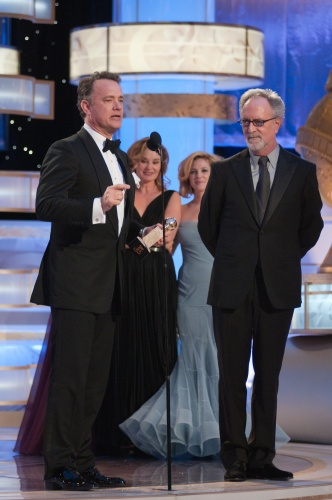  Accepting the Golden Globe for BEST MINI-SERIES OR MOTION PICTURE MADE FOR TELEVISION, for 'JOHN ADAMS' (HBO) is Tom Hanks with Steven Spielberg presented by Drew Barrymore and Jessica Lange at the 66th Annual Golden Globe Awards at the Beverly Hilton in Beverly Hills, CA Sunday, January 11, 2009.[China.org.cn/goldenglobes.org]