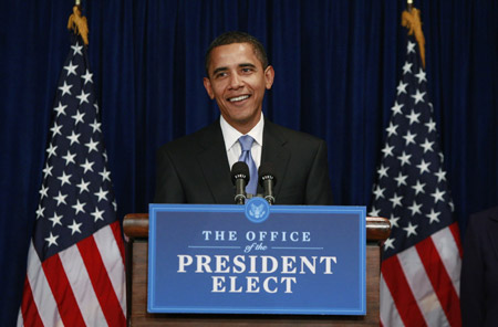 U.S. President-elect Barack Obama. He speaks to the media during a news conference at his transition office in Washington Jan.7, 2009.[Xinhua]