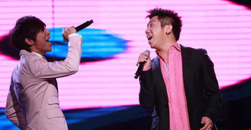 Members of the pop duo Yu Quan perform at the Beijing Pop Music Awards ceremony held at the Workers' Indoor Arena in Beijing on January 11, 2009. Yu Quan was named the 'most popular mainland group of 2008'. 