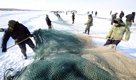 Fishermen catch fish on the Ulunggur Lake in Fuhai County, northwest China's Xinjiang Uygur Autonomous Region, Jan 8, 2009. The traditional winter halieutics here bring considerable incomes to local fishmen, and boosts the tourism around the Ulunggur Lake as well. [Sadat/Xinhua]