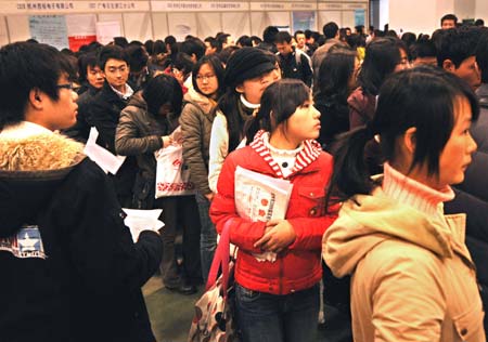 College graduates attend a job fair in Hangzhou, capital of east China's Zhejiang Province Jan. 13, 2009. Some 700 companies provided 12,000 positions during the job fair on Tuesday. [Tan Jin/Xinhua]