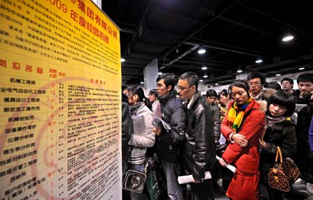 College graduates attend a job fair in Hangzhou, capital of east China's Zhejiang Province Jan. 13, 2009. Some 700 companies provided 12,000 positions during the job fair on Tuesday. [Tan Jin/Xinhua]