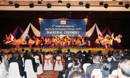 The 17th annual conference of the Asia-Pacific Parliamentary Forum (APPF) opens in Vientiane, Laos, on Jan. 12, 2009. The four-day conference will put on table such issues as the global financial crisis, economic-trade issues, political-security stability, and sustainable development in the region.[Xinhua] 