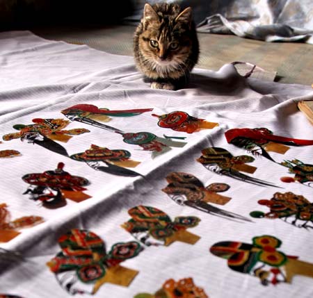 Photo taken on Jan. 11, 2009 shows the shadow-play works collected by farmer He Fulin, a shadow-play lover, at home in Funing County, north China's Hebei Province, Jan. 11, 2009. Devoting himself to making, collecting and playing shadow-play, a Chinese traditional art, for more than 70 years, He has decided to pass it down to young people.[Liu Xuezhong/Xinhua]