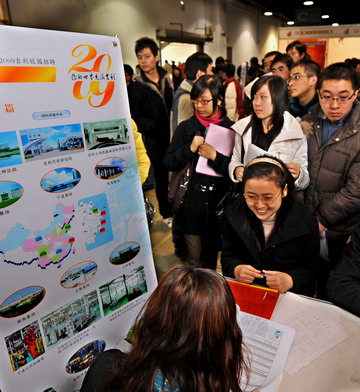 A college student talks with a company employee at a job fair at Hangzhou Peace International Convention and Exhibition Center in Hangzhou, east China's Zhejiang province January 13, 2009. [Xinhua]