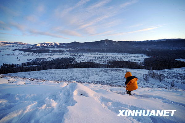 A tourist plays in a field of snow in Kanas, one of the best-known tourist destinations in northwest China&apos;s Xinjiang Uygur Autonomous Region. Kanas boasts advanced snowplough machines that clear the road leading to a resort, which was, until recently, closed for the winter.[Photo: Xinhuanet]