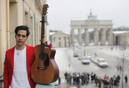 Israeli singer Aviv Geffen poses during a photocall in front of the Brandenburg gate in Berlin to promote his Germany tour, Jan. 13, 2009. 