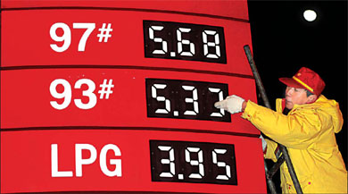 A worker changes price tags at a gas station in Andingmen, Beijing, at midnight last night after the government cut fuel prices by up to 3.2 percent. [Wang Jing/China Daily]
