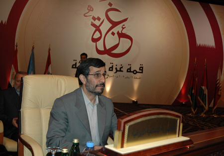 Iranian President Mahmoud Ahmadinejad attends an emergency Arab summit in Doha Jan. 16, 2009. The summit on Friday was attended by about 12 to 13 Arab leaders despite it did not reach the quorum of two thirds of the 22-member Arab League to hold such a summit. 