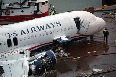The US Airways Airbus A320 jetliner which crashed into the Hudson River awaits transportation to New Jersey for further inspection in New York January 18, 2009.