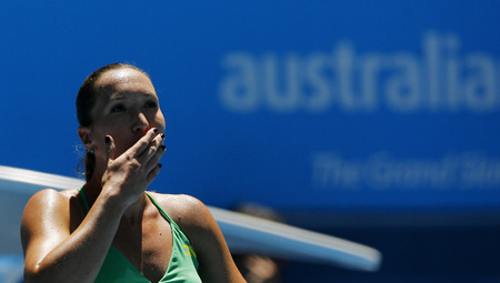 Jelena Jankovic of Serbia gestures to the audience after the women's singles first round match with Yvonne Meusburger of Austria on the first day of the 2009 Australian Open in Melbourne Jan. 19, 2009. Jankovic won 6-1, 6-3. [Xinhua]