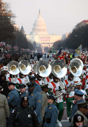 A band attend the inaugural parade of U.S. President Barack Obama in Washington D.C. Jan. 20, 2009.