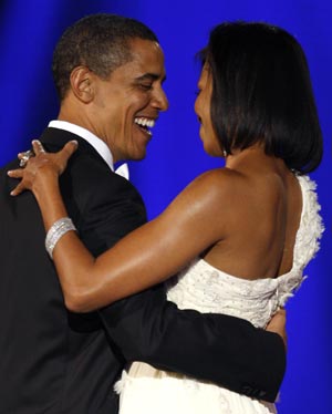 U.S. President Barack Obama and first lady Michelle Obama dance their first dance of the night at the Neighborhood Inaugural Ball in Washington January 20, 2009.