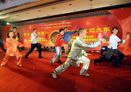 Foreign tourists learn Taiji, also known as shadowboxing, during a celebration for the Chinese lunar New Year in a community in the Chaoyang District of Beijing, capital of China, Jan. 20, 2009. 