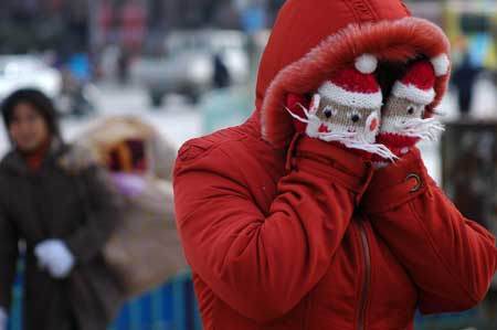 A lady covers her face to resist heavy wind in Chaohu, east China's Anhui Province, Jan. 23, 2009. [Photo: Xinhua]