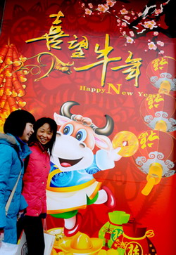 Shoppers walk past a mall with festive decoration in Zhengzhou, central China's Henan Province, Jan. 25, 2009. [Xinhua]