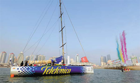 Telefonica Blue, skippered by Bouwe Bekking, finishes first on leg 4 of the Volvo Ocean Race from Singapore to Qingdao yesterday. 