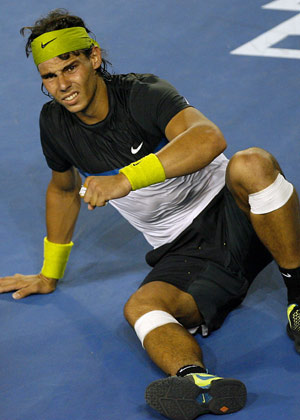 Spain's Rafael Nadal reacts after winning over his compatriot Fernando Verdasco during the semi final of men's singles at Australian Open tennis tournament in Melbourne, Jan. 30, 2009. 