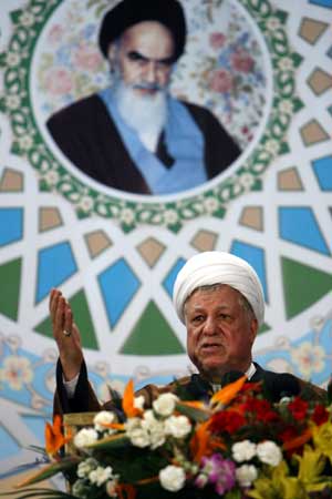 Iran's Expediency Council Chairman and former President Akbar Hashemi Rafsanjani delivers a speech during a ceremony at Khomeini's mausoleum in Tehran, Iran, Jan. 31, 2009. 