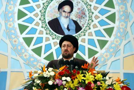 Hojjatoleslam Hassan Khomeini, grandson of the late Supreme Leader Ayatollah Ruhollah Khomeini, delivers a speech during a ceremony at Khomeini's mausoleum in Tehran, Iran, Jan. 31, 2009. 