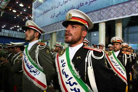 An Iranian military band plays at the ceremony held at Khomeini's mausoleum in Tehran, Iran, Jan. 31, 2009.