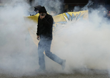 A protestor takes part in a demonstration against the Davos World Economic Forum (WEF) in Geneva January 31, 2009.