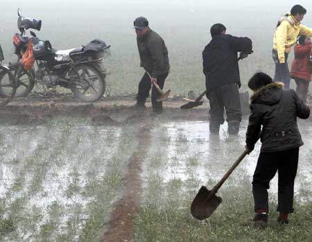 Villagers irrigate the droughty wheat field with water from well in Gaoshan Township of Luoyang city, central China's Henan Province, Feb. 2, 2009. 