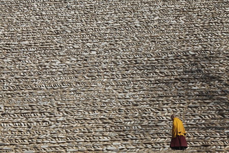 An ethnic Tibetan monk walks in front of stones shortly before they will be covered by a giant 'thangka,' a sacred painting on cloth, to be displayed on a hill outside a monastery in Tongren, northwest China's Qinghai province Monday, Feb. 2, 2009. (Photo: China Daily) 