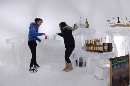 Women drink cocktails at an ice bar during a photo opportunity in the Alpha Resort-Tomamu's ice village in Shimukappu town, Japan's northern island of Hokkaido, Feb. 3, 2009. The hotel where dining room, bed room and bath room are made out of ice, charges 80,000 yen (US $696) for two per night and provides dinner served on an ice plate. It opens until Feb 15, 2009. (Xinhua/Reuters Photo)