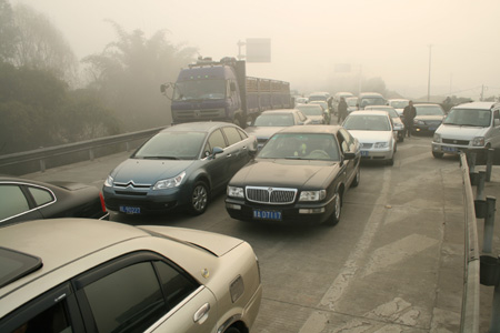 Vehicles wait for the operation of the Meishan Toll Gate on the Chengle Freeway in Meishan City, southwest China's Sichuan Province, Feb. 4, 2009. A heavy fog hit Meishan on Wednesday, causing the closure of the Chengle Freeway connecting Chengdu, capital of Sichuan, and Leshan City, also in the province. [Yao Yongliang/Xinhua] 