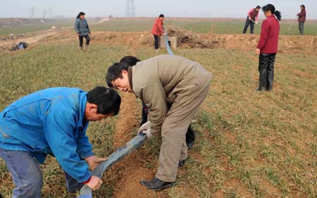 People make preparations for irrigating the wheat field at Xindian Village in Luoyang, a city in central China's Henan Province, Jan. 4, 2009. Drought has hit most of Henan Province, one of China's key wheat producing regions, due to lack of rainfall since last October. [Bai Zhongchu/Xinhua]