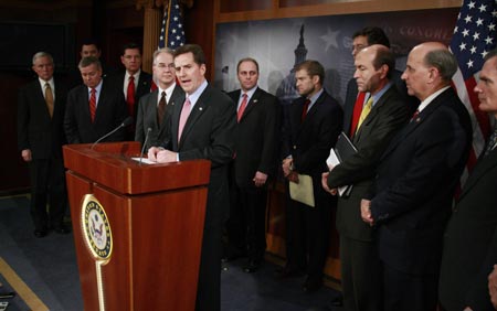 U.S. Senator Jim DeMint (R-SC) speaks alongside 17 other Republican Senators and Congressmen against the proposed economic stimulus package that has yet to pass the Senate vote, on Capitol Hill in Washington, February 4, 2009.