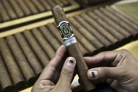 A woman inspects hand-rolled Obama cigars at manufacturing plant in Nicaragua's northern province of EsteliFebruary 4, 2009. 