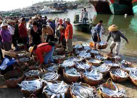  People do business at a fish market in Tanmen Township of Qionghai, south China's Hainan Province, Feb. 7, 2009. The inshore fishing keeps flourishing here at the beginning of spring this year.