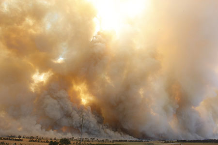 The smoke from a bushfire is seen on the outskirts of Labertouche, 90km (56 miles) east of Melbourne February 7, 2009. Aircraft dropped water bombs on raging Australian bush fires on Saturday as a 