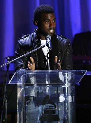 Singer Kanye West speaks at the 2009 Grammy Salute to Industry Icons event honoring Clive Davis in Beverly Hills, California February 7, 2009. 