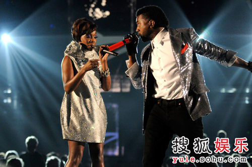 Kanye West and Estelle perform at the 51st Annual Grammy Awards on Sunday, Feb. 8, 2009, in Los Angeles.