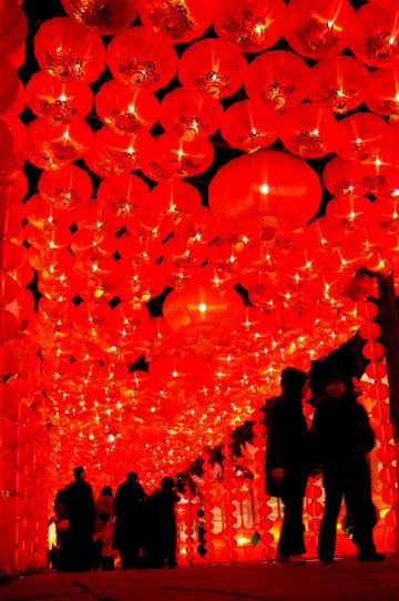 People enjoy watching lanterns at a lantern fair in Baotuquan (or Spurting Spring) Park to celebrate the Lantern Festival in Jinan, east China's Shandong province February 9, 2009. [Photo: Xinhua]