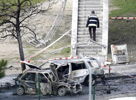 Police investigate the scene of a car bomb in Madrid February 9, 2009.