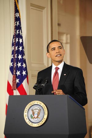 U.S. President Barack Obama speaks during his first news conference as president in the East Room of the White House in Washington Feb. 9, 2009. 